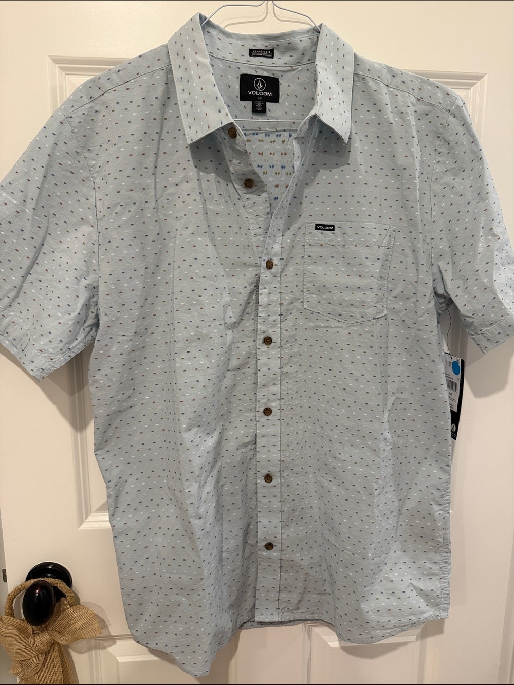 Volcom Light Blue Short-Sleeve Button-Down Shirt with Micro Dot Pattern